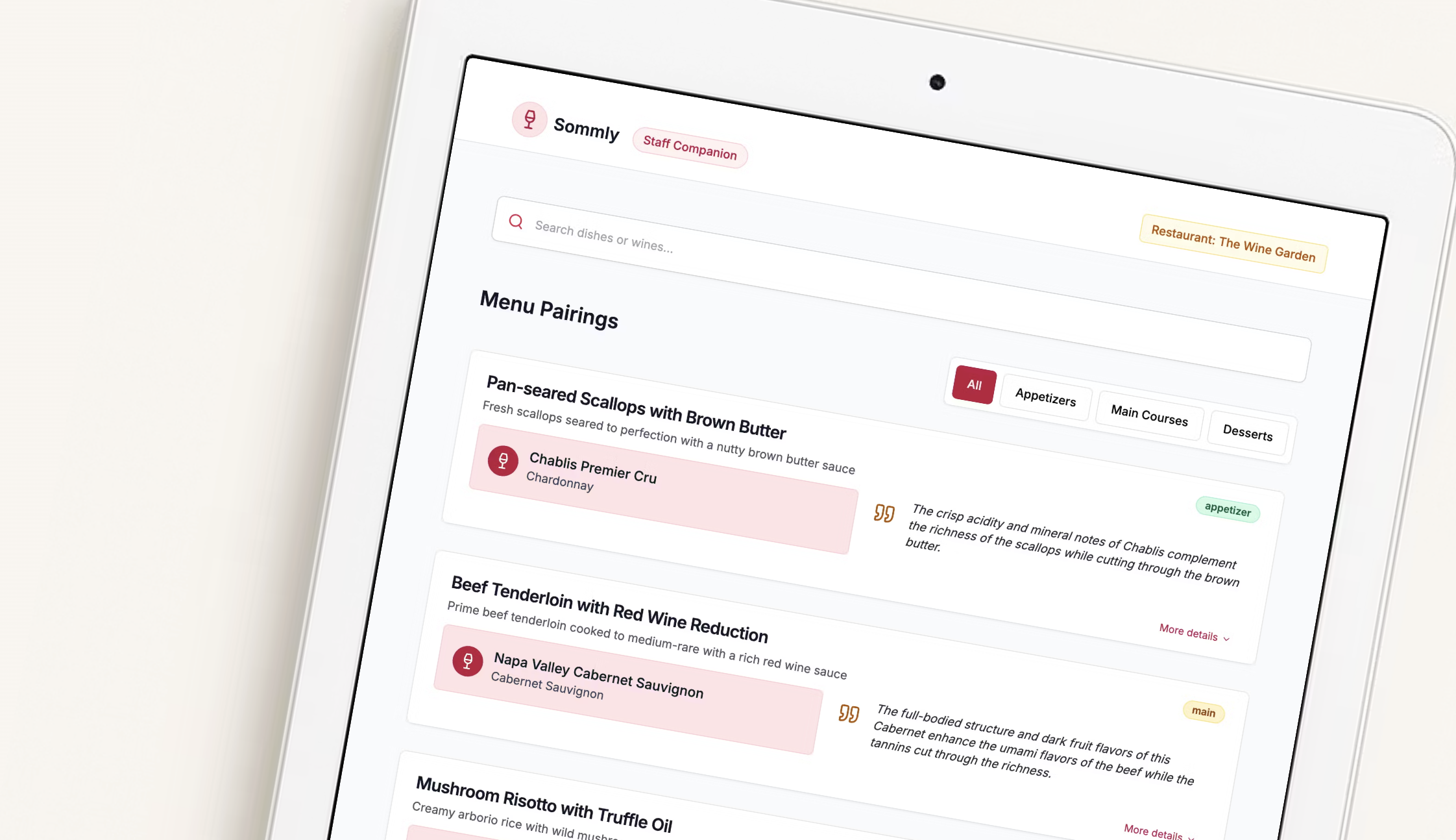 The Sommly Staff Companion app showing AI-powered wine pairing recommendations for specific dishes