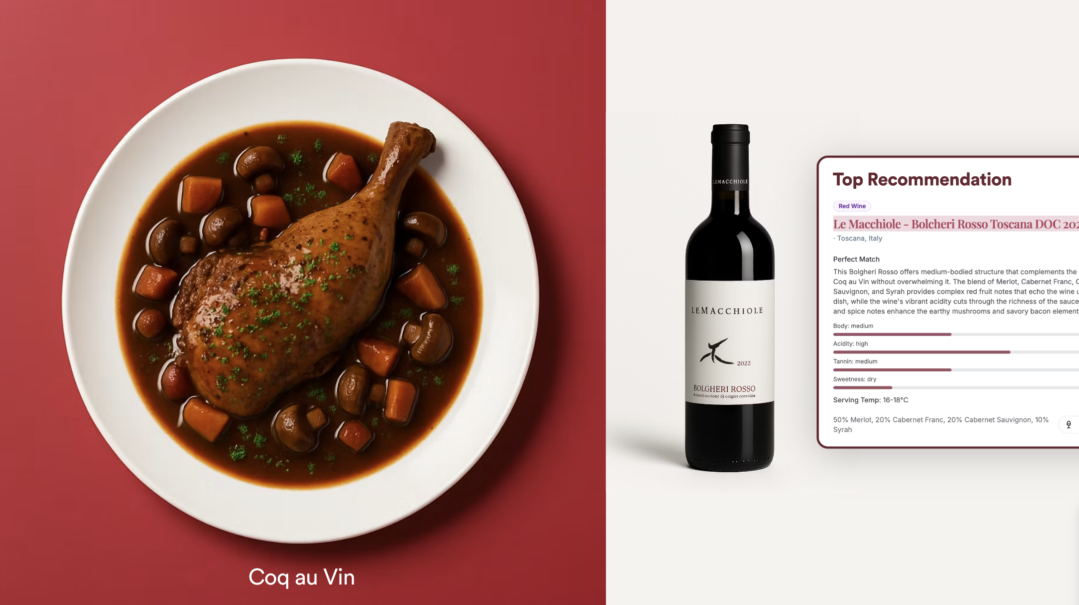 A plate of Coq au Vin paired with a Bolgheri Rosso wine, accompanied by a detailed description card explaining the pairing