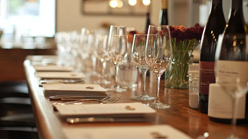 An elegant restaurant table set for wine service with multiple wine glasses, place settings, and wine bottles
