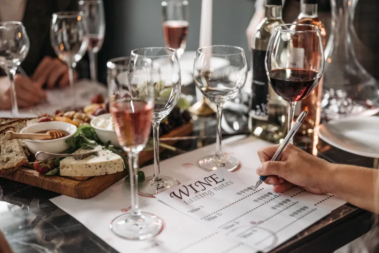 A staff member taking notes during a wine tasting session, with wine glasses and tasting sheets visible